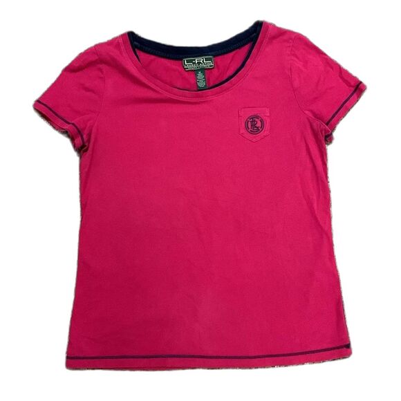 Lauren Ralph Lauren Active Magenta Pink Navy Trim Short Sleeve T-Shirt Size M - Picture 1 of 10